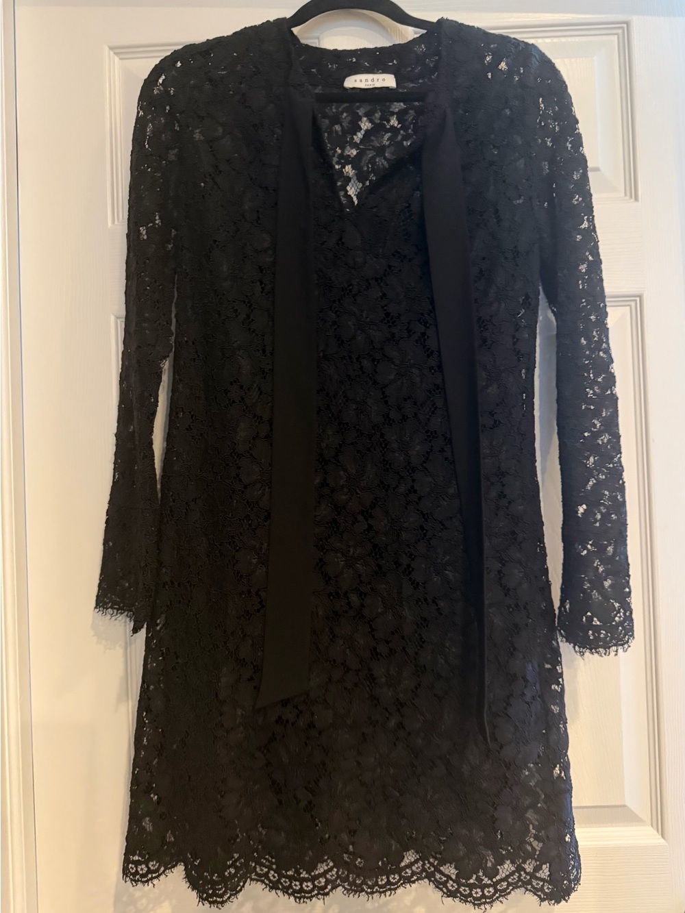 Sandro Black Lace Long-Sleeve Tie-Neck Dress